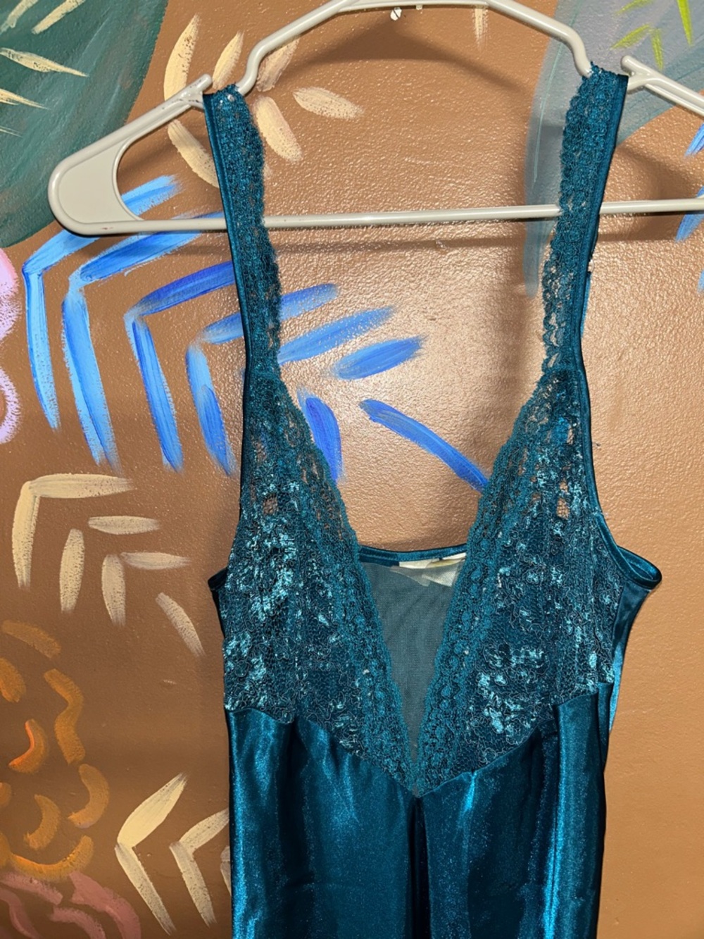 Victoria Secret Teal Satin Long Slip with Lace Straps - Picture 2 of 5